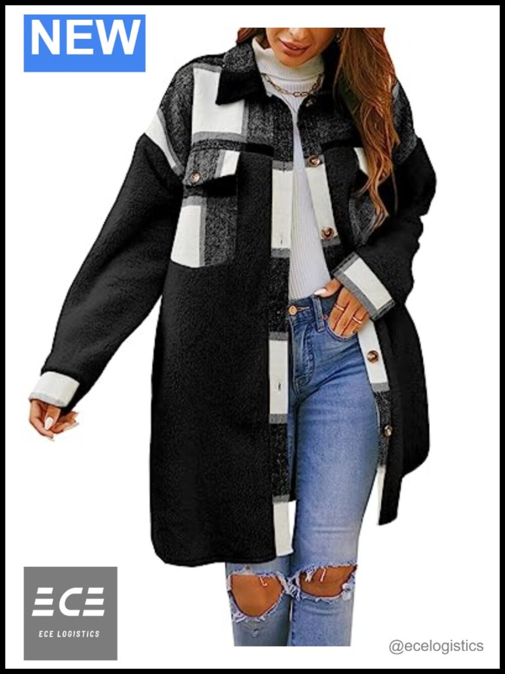 Fuzzy Fleece Shacket Women Sherpa Plaid Long Coat Fall Winter